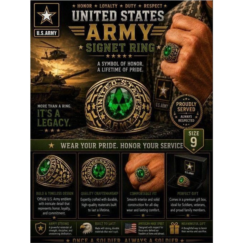 Men's US Army Signet Ring in green with engraved details, size 9, by Republic Mercantile, displayed on a neutral background.