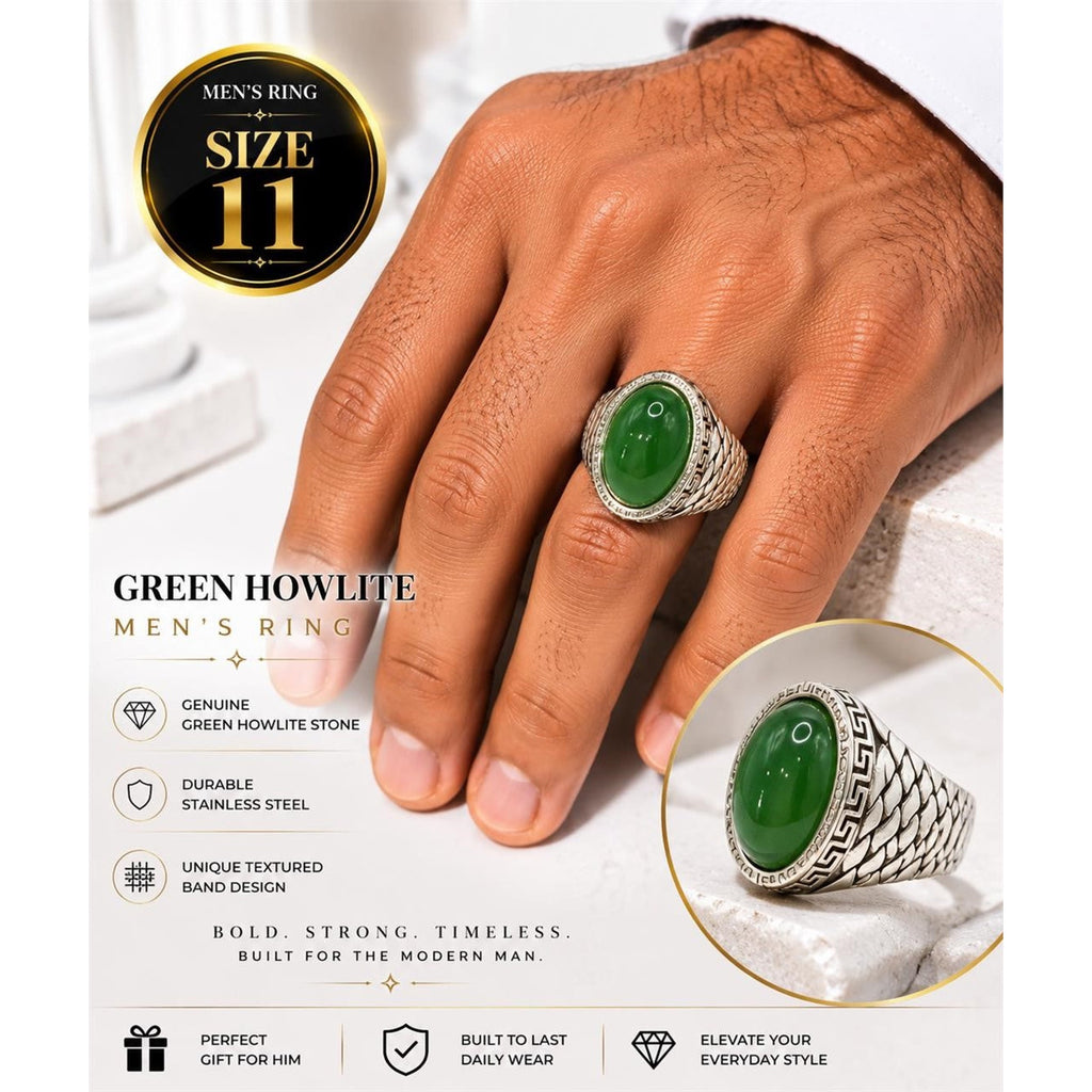 NEW Men's Ring Green Stone Silvery Band Size: 11