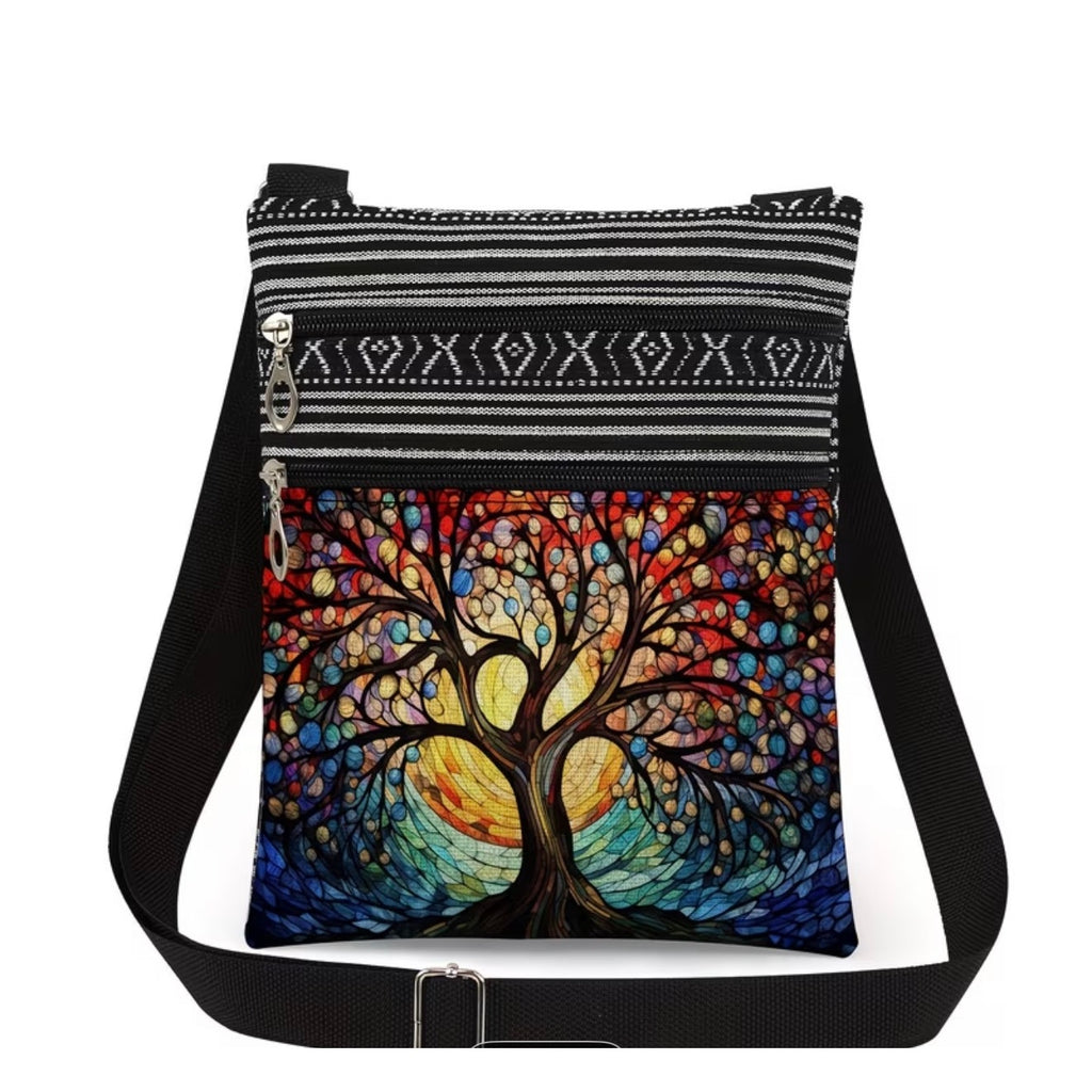 Stained Tree of Life boho crossbody bag with shoulder strap by Republic Mercantile, featuring colorful stained glass-style design.
