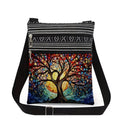 Stained Tree of Life boho crossbody bag with shoulder strap by Republic Mercantile, featuring colorful stained glass-style design.