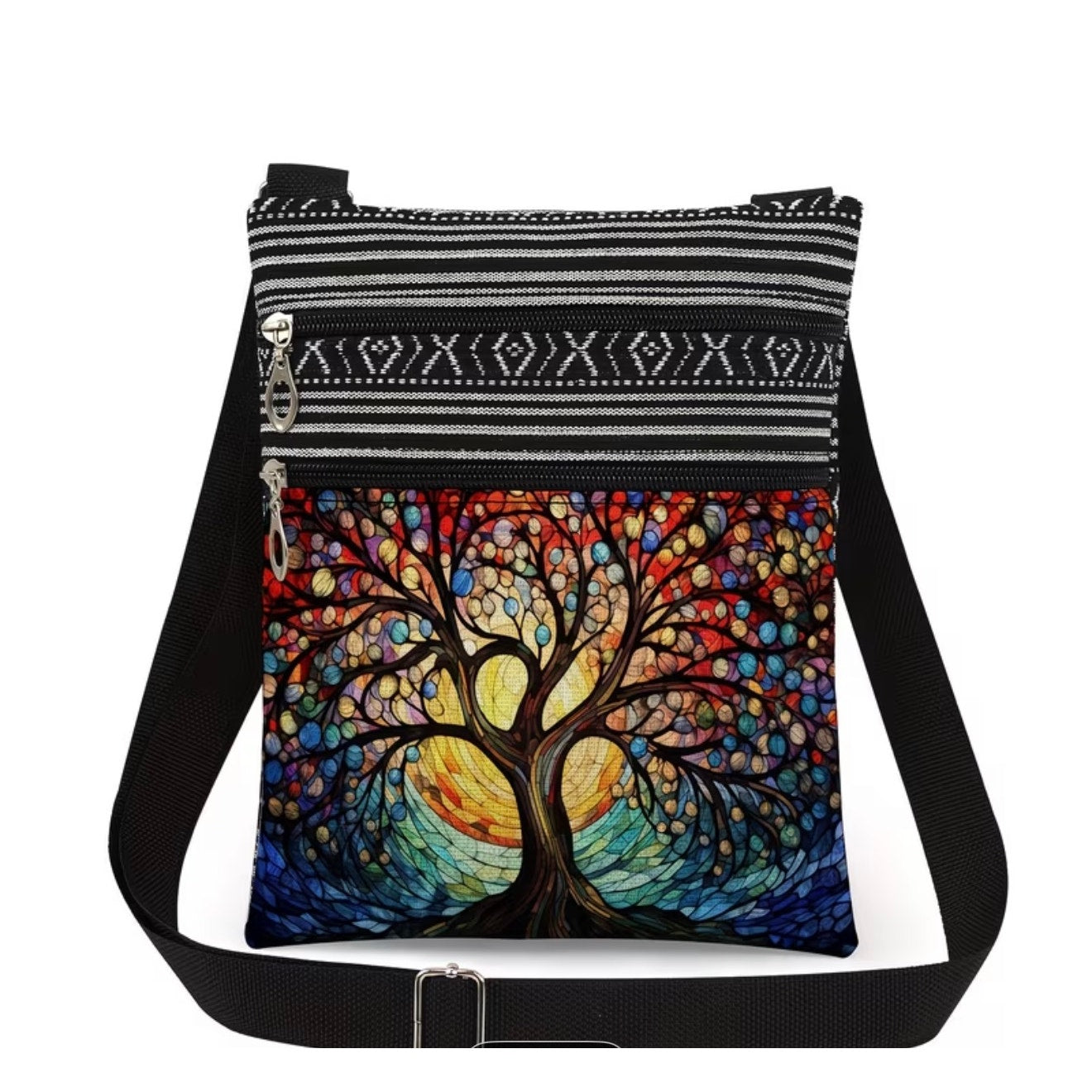 Stained Tree of Life boho crossbody bag with shoulder strap by Republic Mercantile, featuring colorful stained glass-style design.