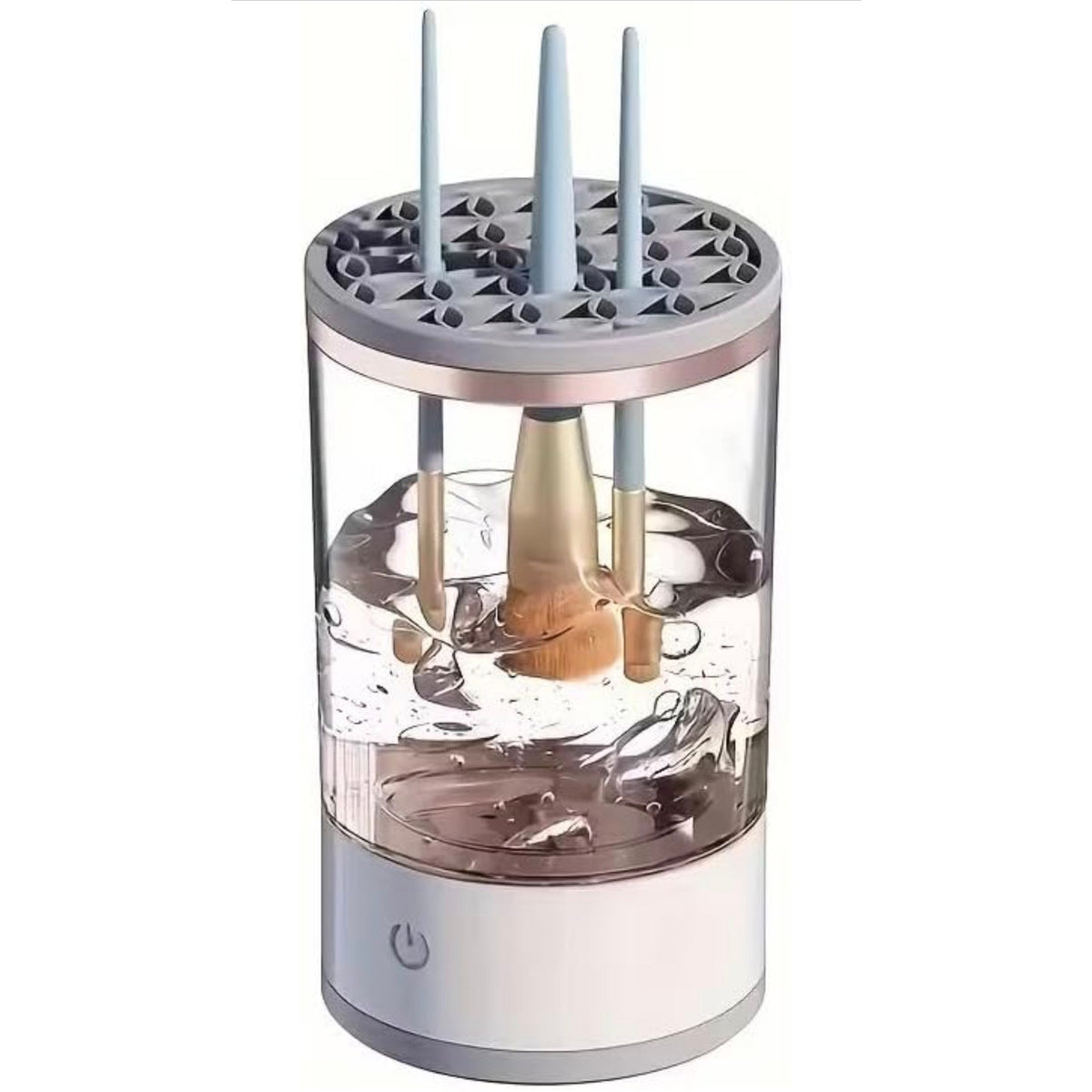 Republic Mercantile electric makeup brush cleaner with USB power, showing the compact device and cleaning brush attachments in use.