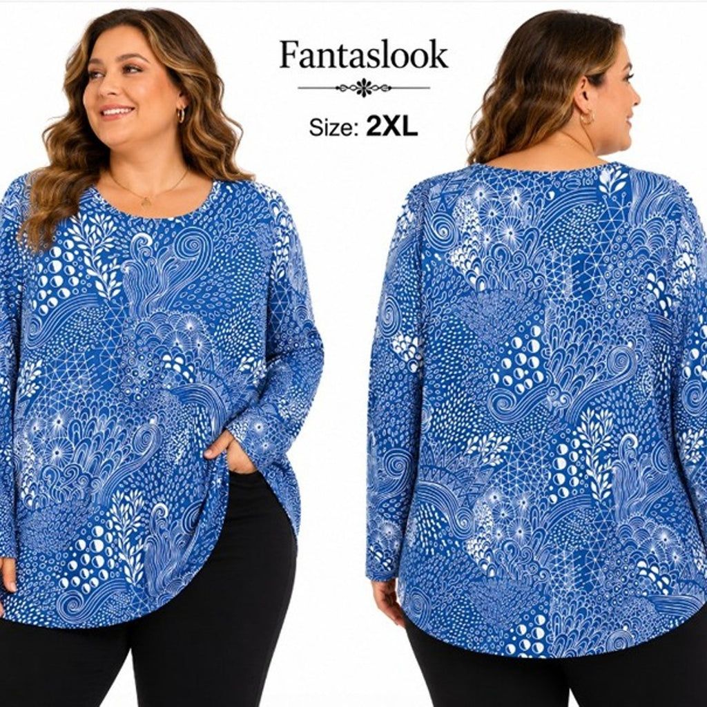 NEW Fantaslook Blue White Long Sleeve Tunic Top 2XL FREE Shipping