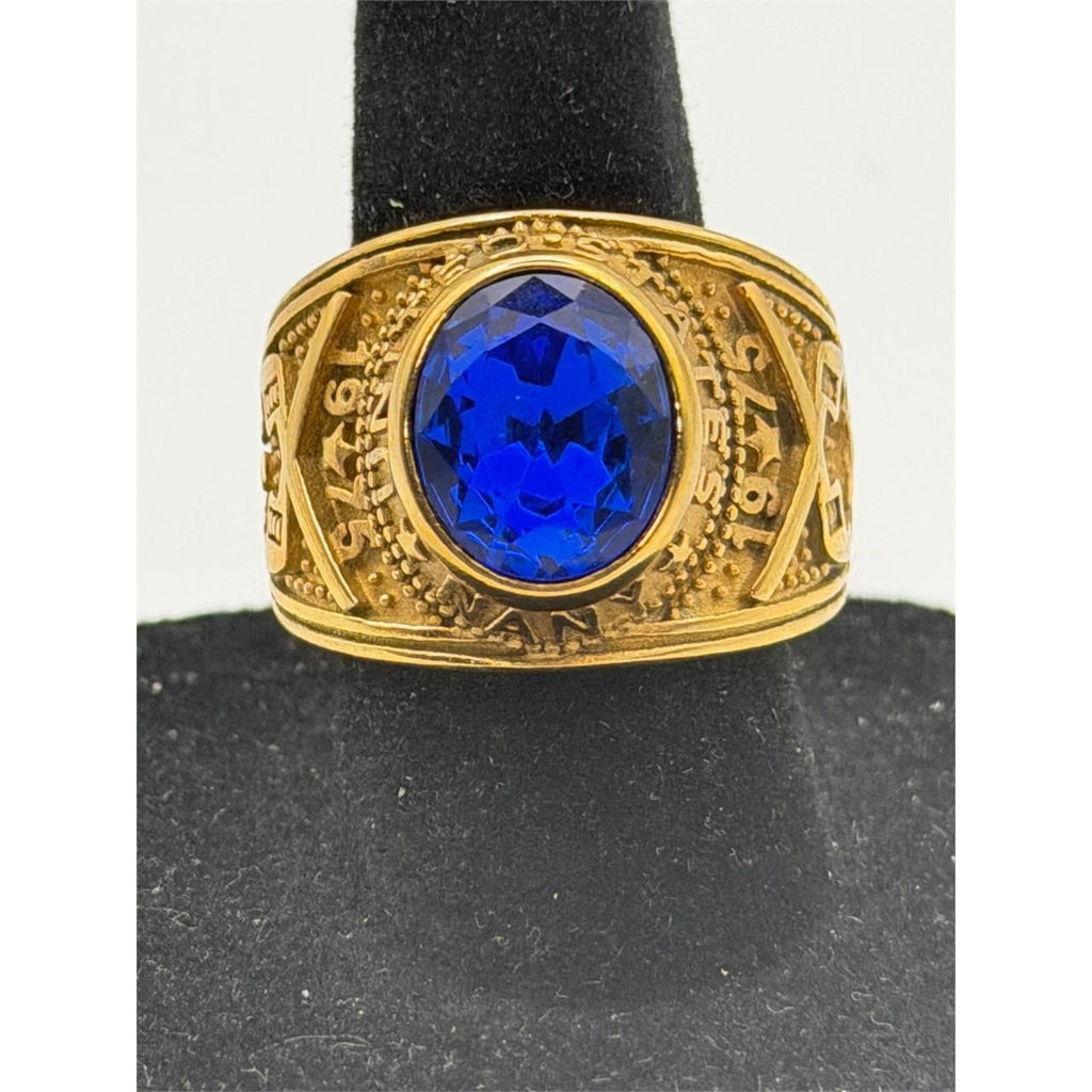 Men's US Navy signet ring in gold and blue with size 12, featuring detailed Navy emblem and Republic Mercantile branding.
