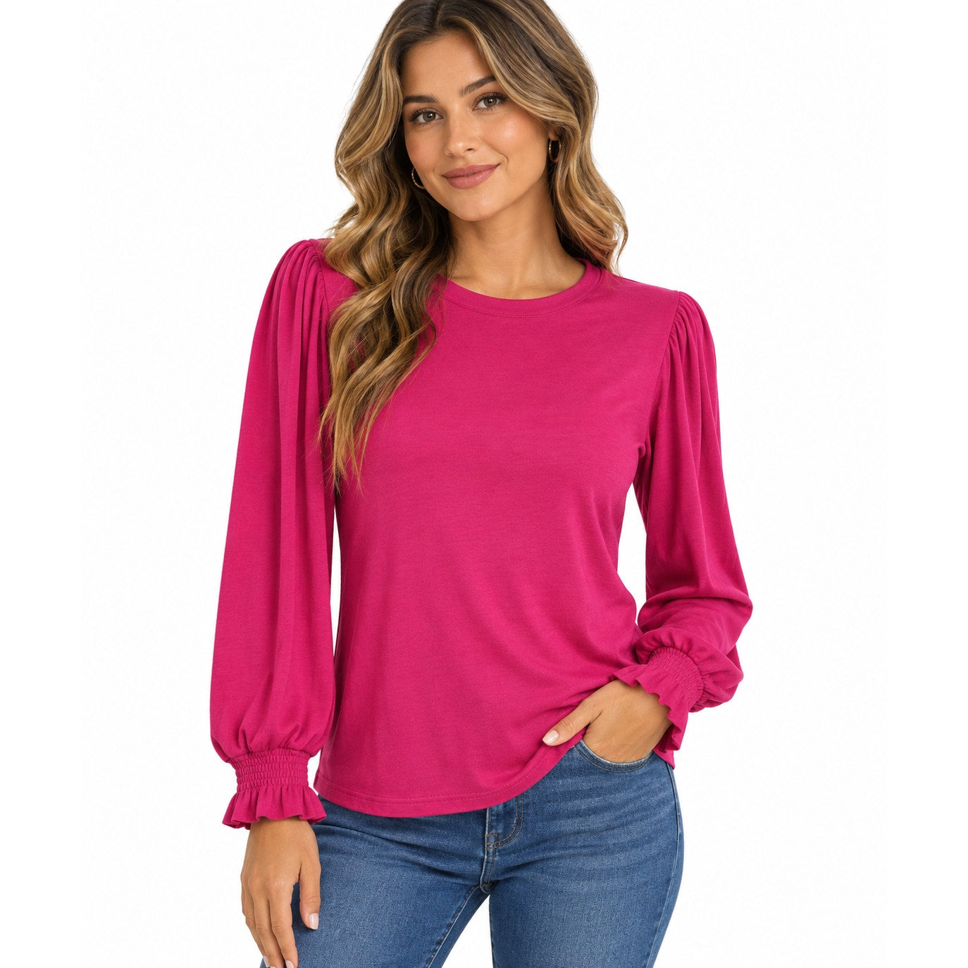 Fantaslook women's casual fall blouse in fuchsia, size M, featuring a stylish, relaxed fit shirt with long sleeves.