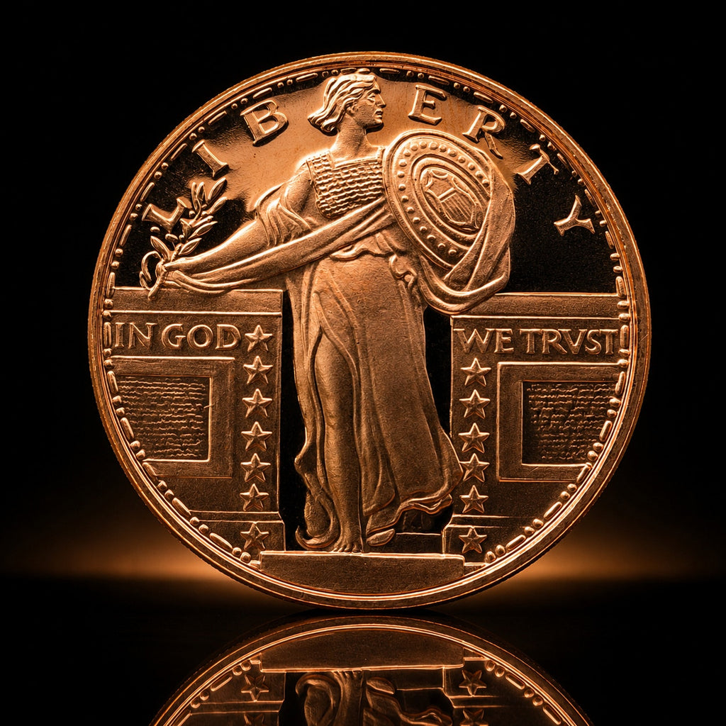 Republic Mercantile 1 oz .999 fine copper coin featuring Standing Liberty design, collectible coin with intricate patriotic details.