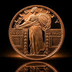 Republic Mercantile 1 oz .999 fine copper coin featuring Standing Liberty design, collectible coin with intricate patriotic details.