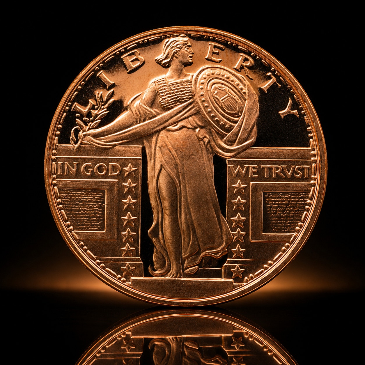 Republic Mercantile 1 oz .999 fine copper coin featuring Standing Liberty design, collectible coin with intricate patriotic details.