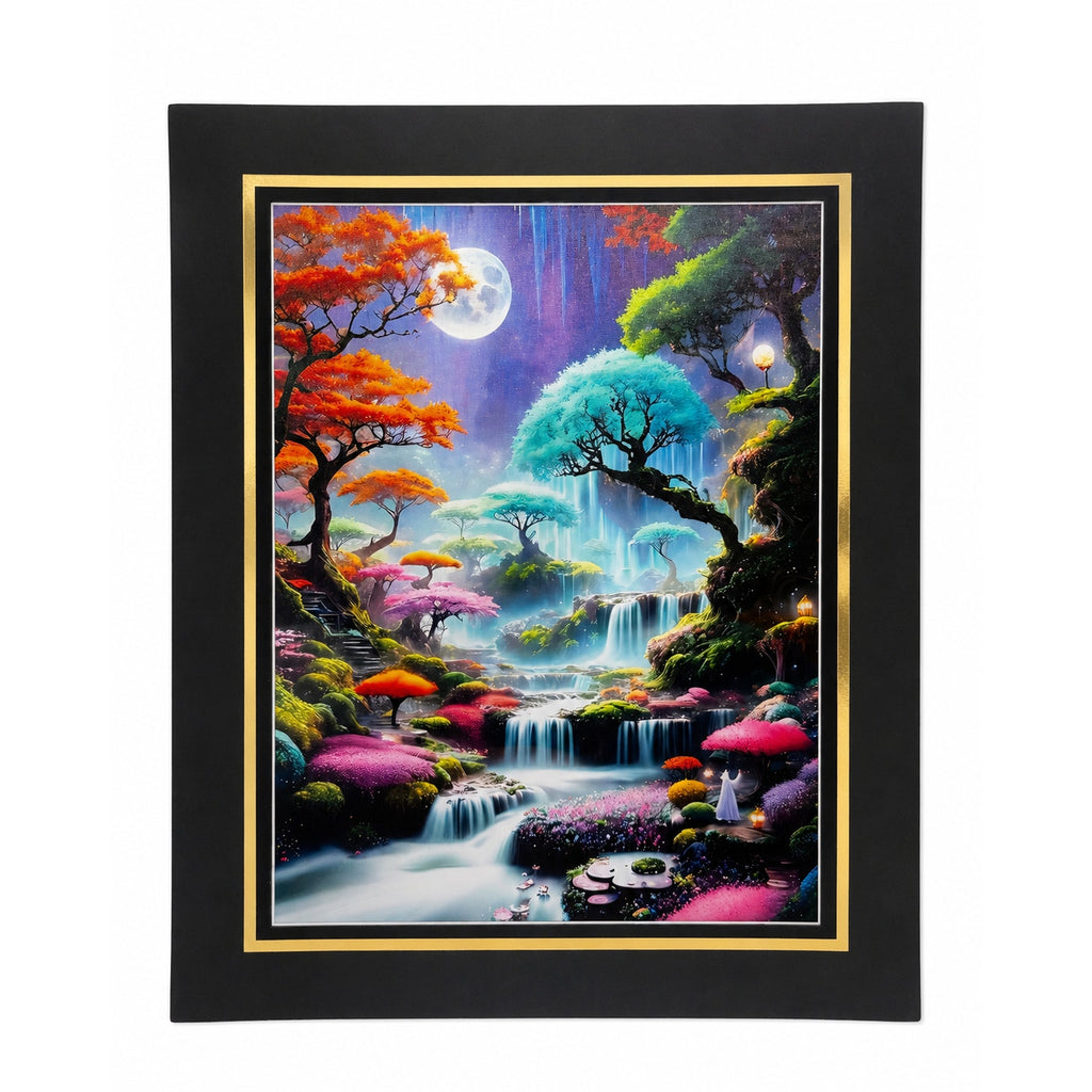 Neon waterfalls art print on canvas, 12x16 inches with 16x20 mat, by Republic Mercantile, featuring vibrant waterfall imagery.