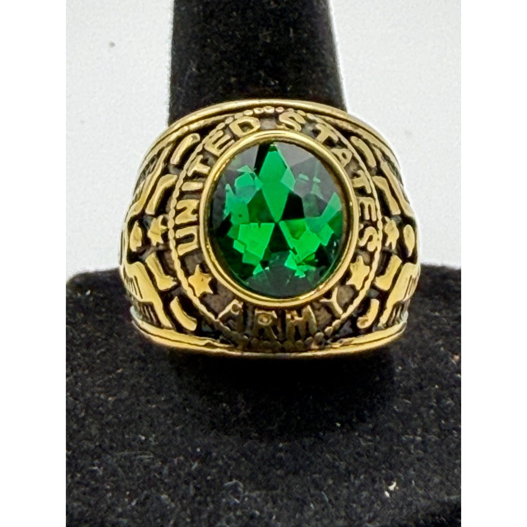 Men's US Army signet ring in gold with green accents, size 11, featuring military emblem, by Republic Mercantile