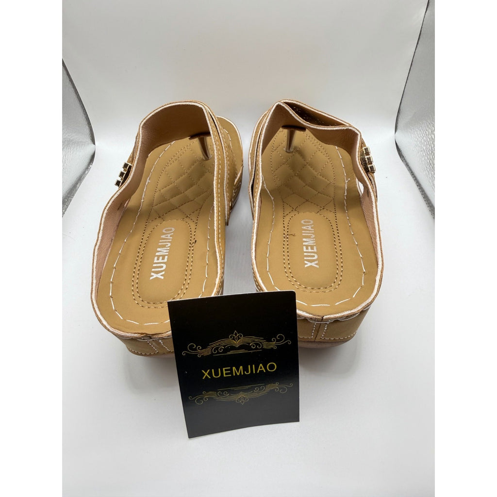 Women's tan comfort sandals by Xuemjiao, size 6.5, euro size 37, featuring cushioned straps and slip-on design.