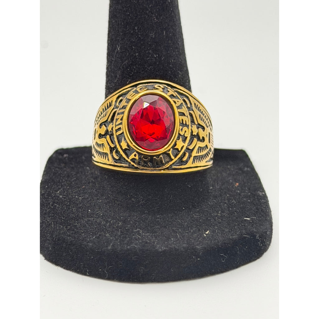 Men's US Army signet ring in red with engraved military emblem, size 9, crafted by Republic Mercantile.