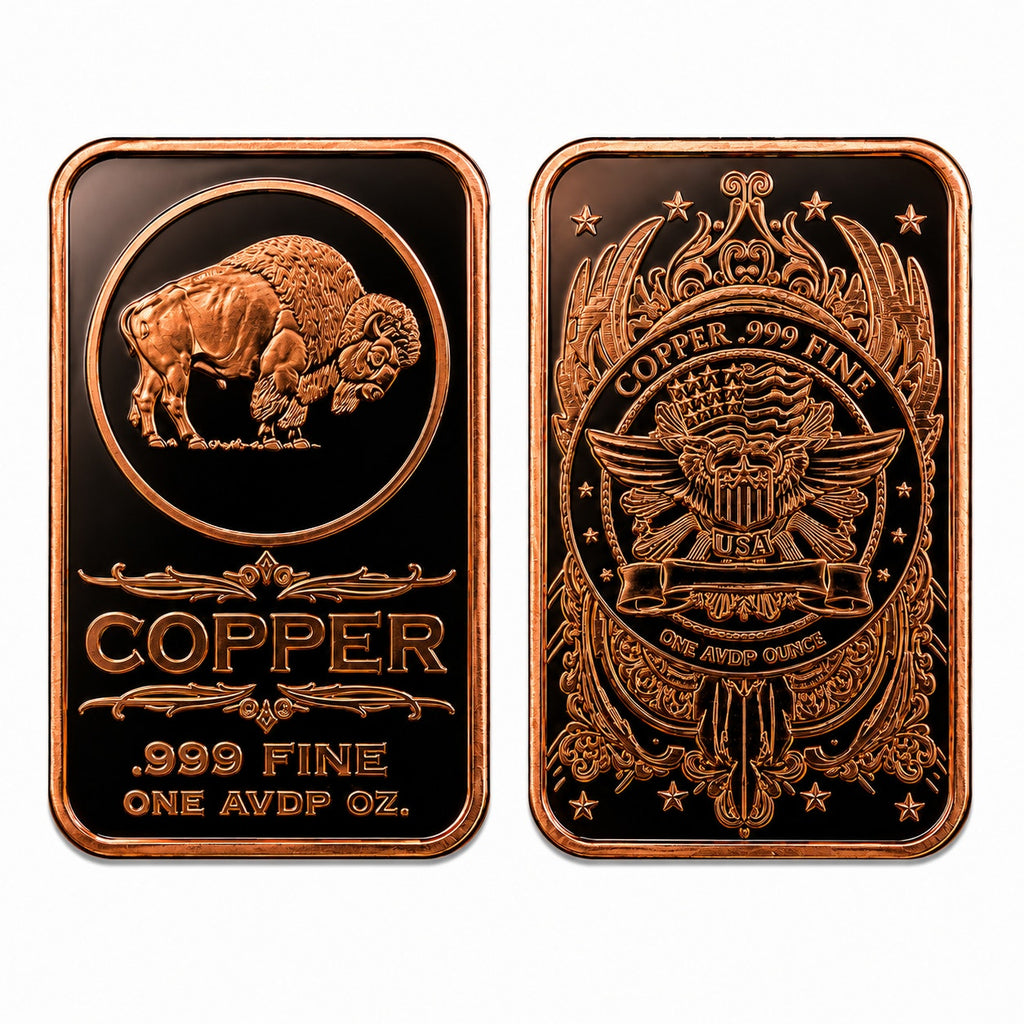 Republic Mercantile .999 fine copper collectible bar featuring a USA Buffalo design, showcasing detailed imagery and a polished finish.