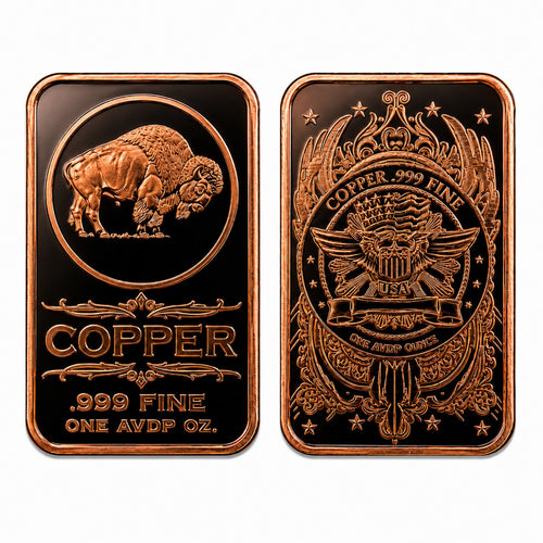 Republic Mercantile .999 fine copper collectible bar featuring a USA Buffalo design, showcasing detailed imagery and a polished finish.