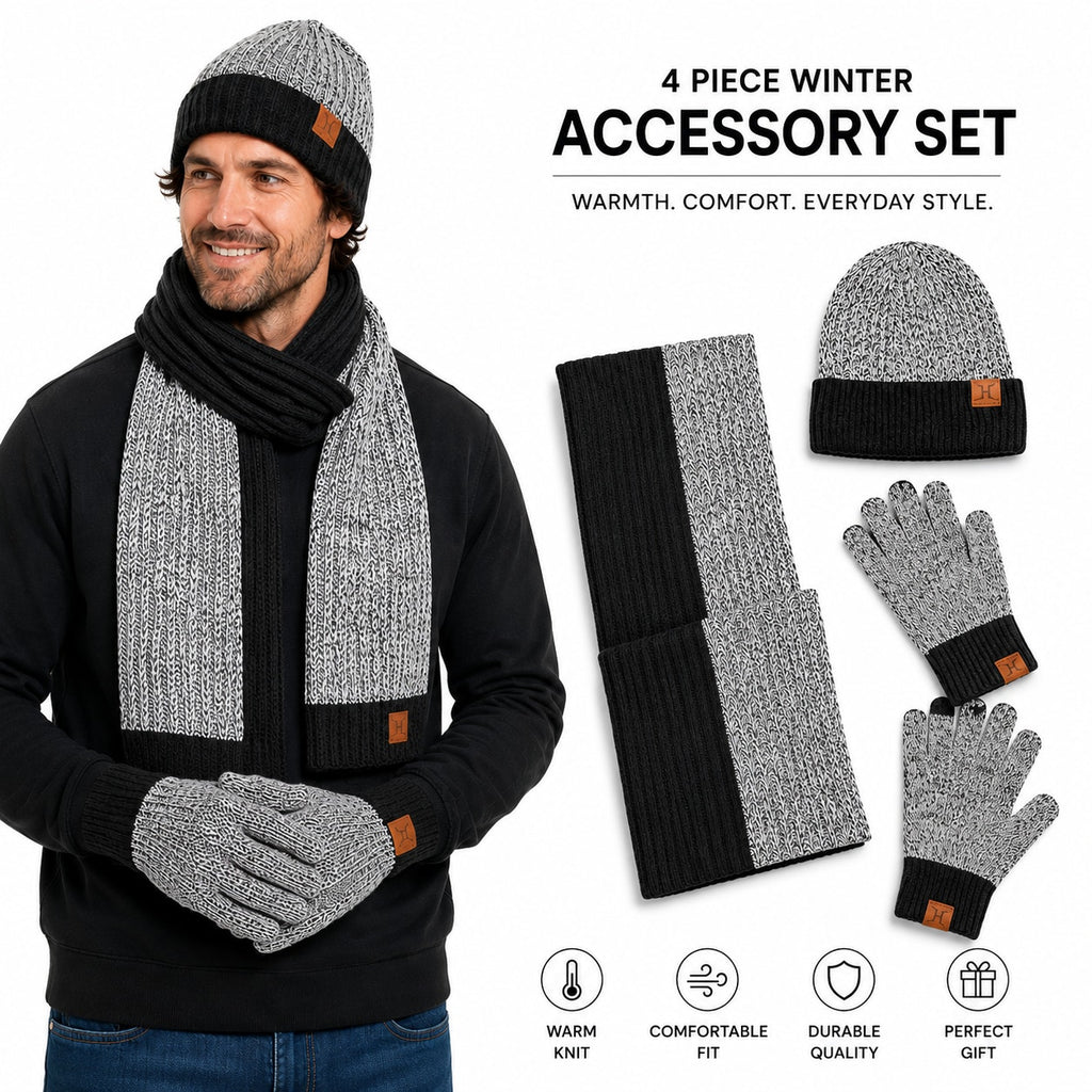 4-pc Men's Winterwear Set Beanie, Gloves & Scarf in Gray/Black