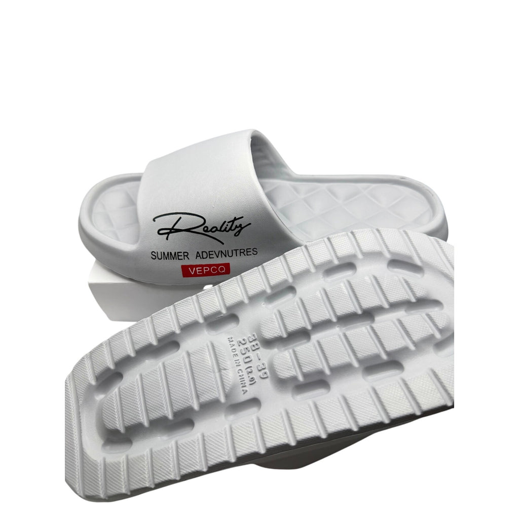 Gray VEPCQ foam slides for women and men, showing the comfortable open-toe design and slip-on style.