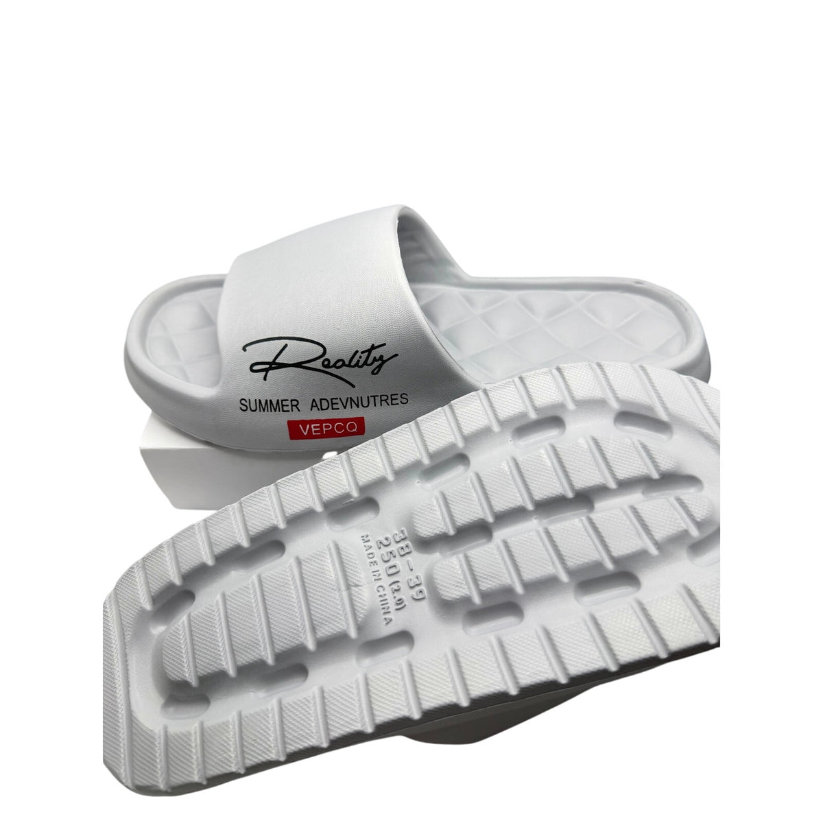 Gray VEPCQ foam slides for women and men, showing the comfortable open-toe design and slip-on style.