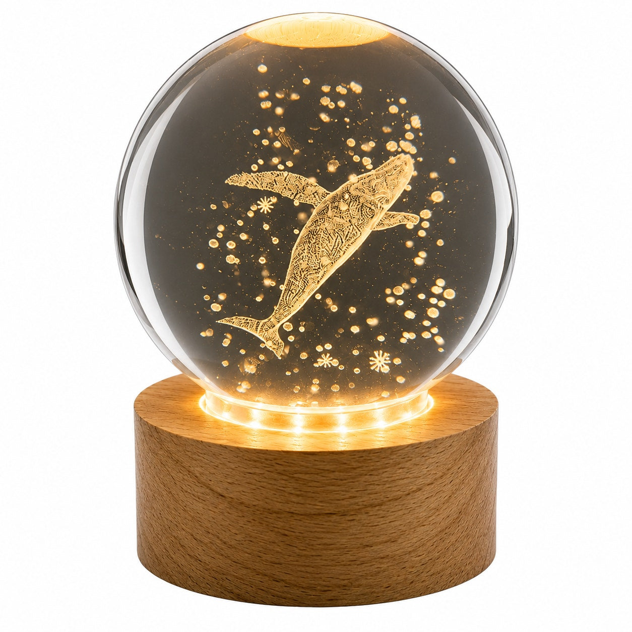 Blue whale laser etched crystal ball with LED stand by Republic Mercantile, showcasing intricate whale design and vibrant blue lighting.