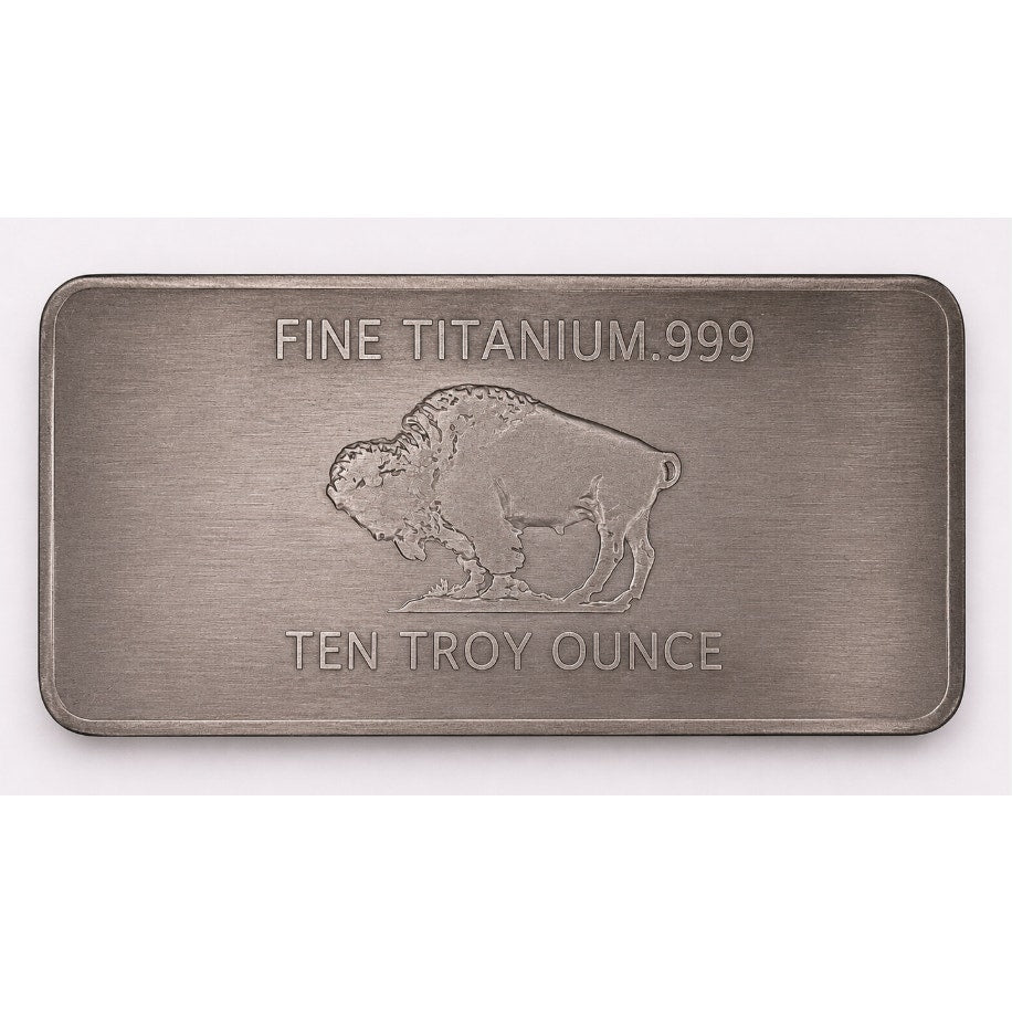 Ten Troy oz .999 fine titanium collectible bar from CMC Mint, showing the engraved details and polished surface.