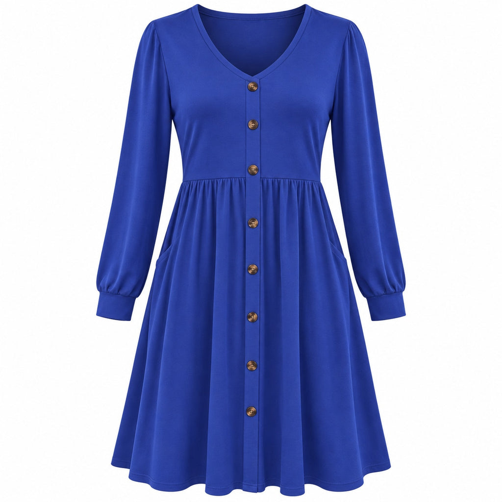 Fantaslook women's long sleeve V-neck casual dress in blue with button details, size M, displayed on a hanger.
