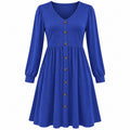 Fantaslook women's long sleeve V-neck casual dress in blue with button details, size M, displayed on a hanger.