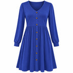 Fantaslook women's long sleeve V-neck casual dress in blue with button details, size M, displayed on a hanger.