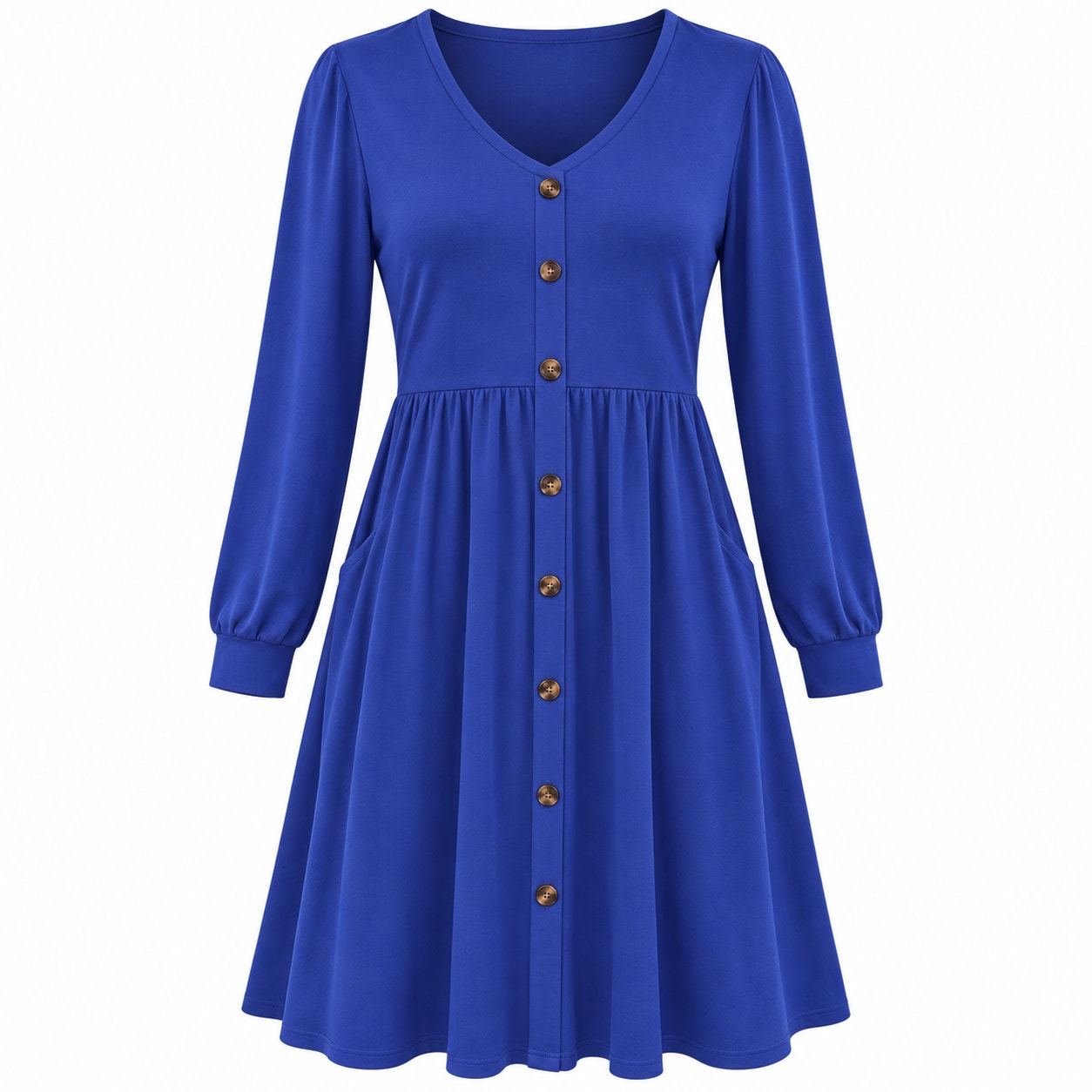 Fantaslook women's long sleeve V-neck casual dress in blue with button details, size M, displayed on a hanger.