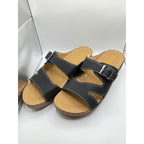 FME Comfort slide sandals in black with buckle details, size 7, featuring a casual open-toe design and cushioned footbed.