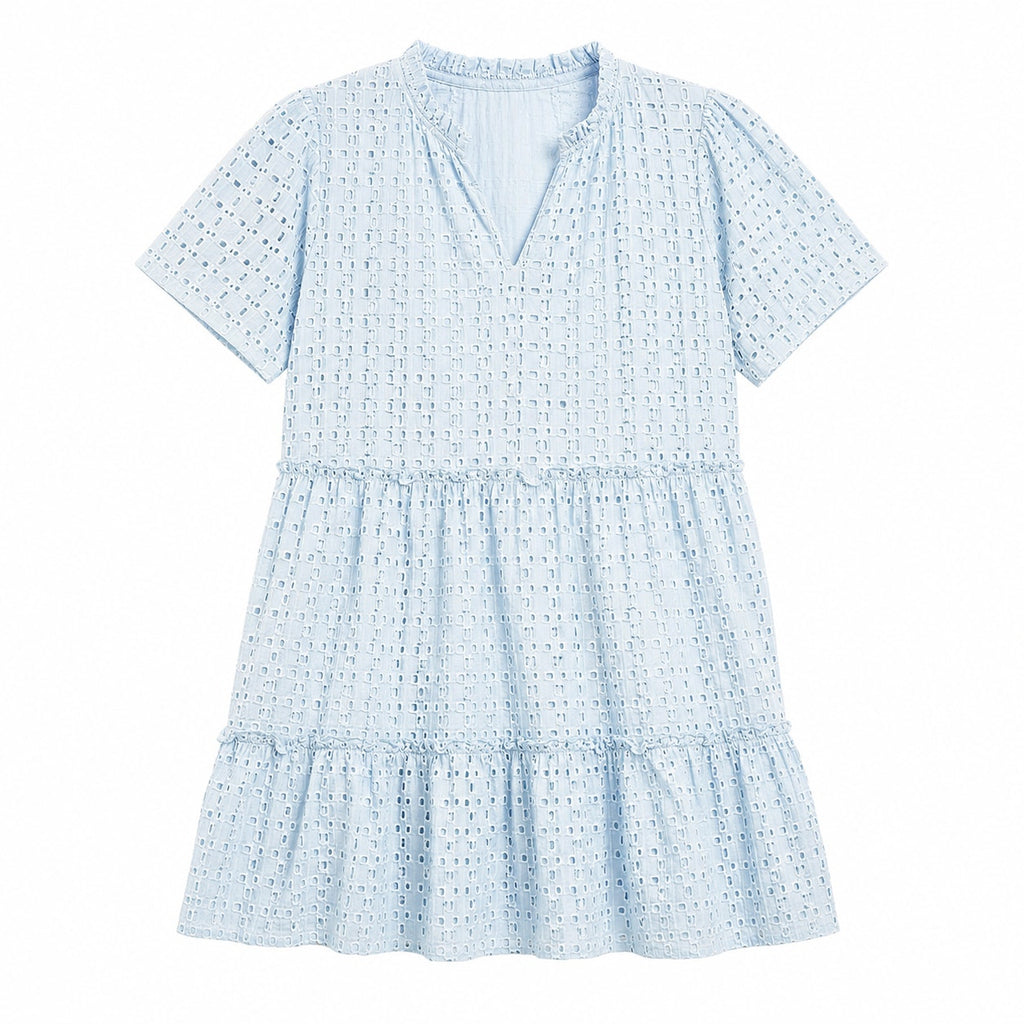 PrettyGarden Light blue Eyelet Mini-Dress V-Neck, Ruffled, Size XXL