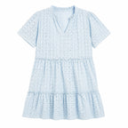 PrettyGarden Light blue Eyelet Mini-Dress V-Neck, Ruffled, Size XXL