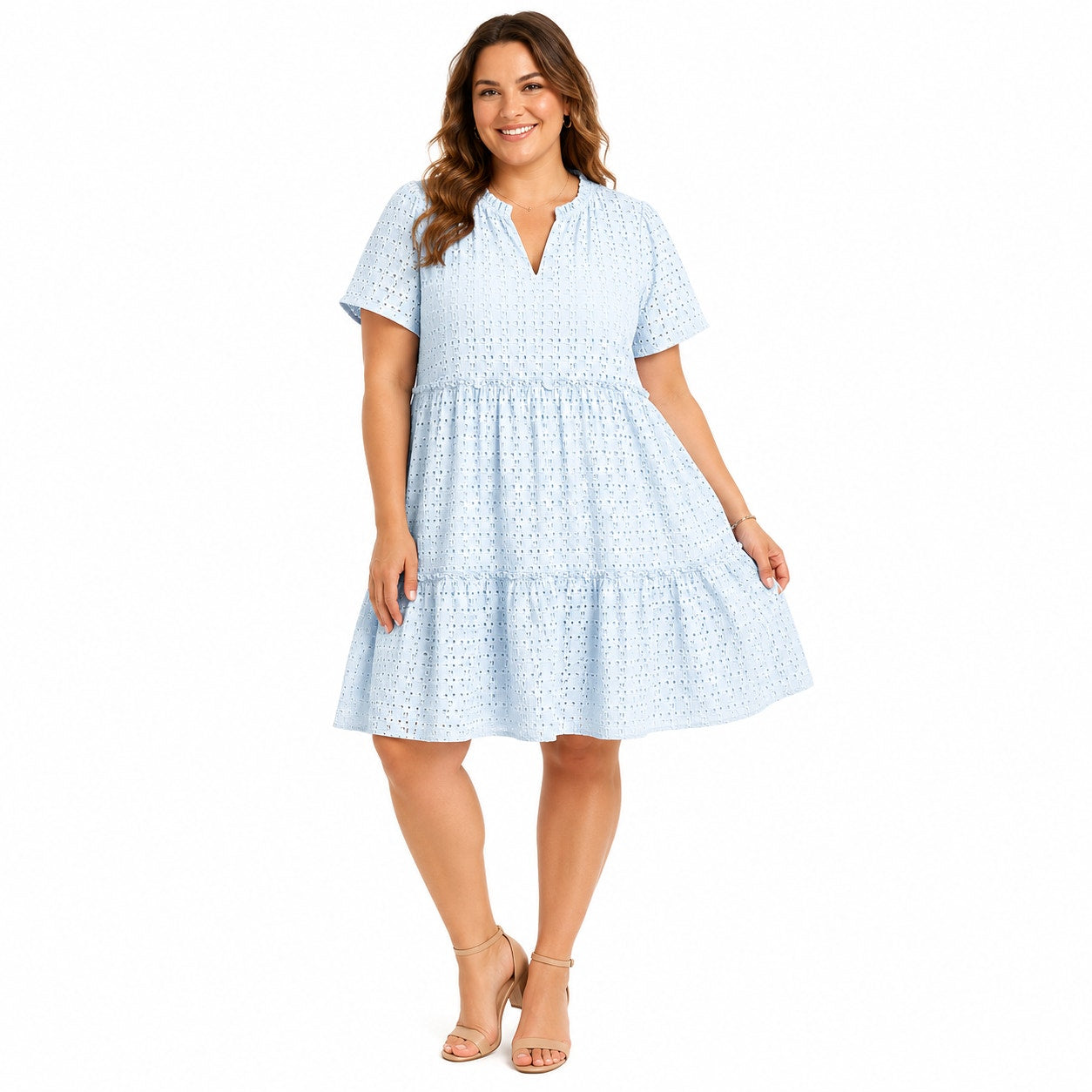 PrettyGarden Light blue Eyelet Mini-Dress V-Neck, Ruffled, Size XXL
