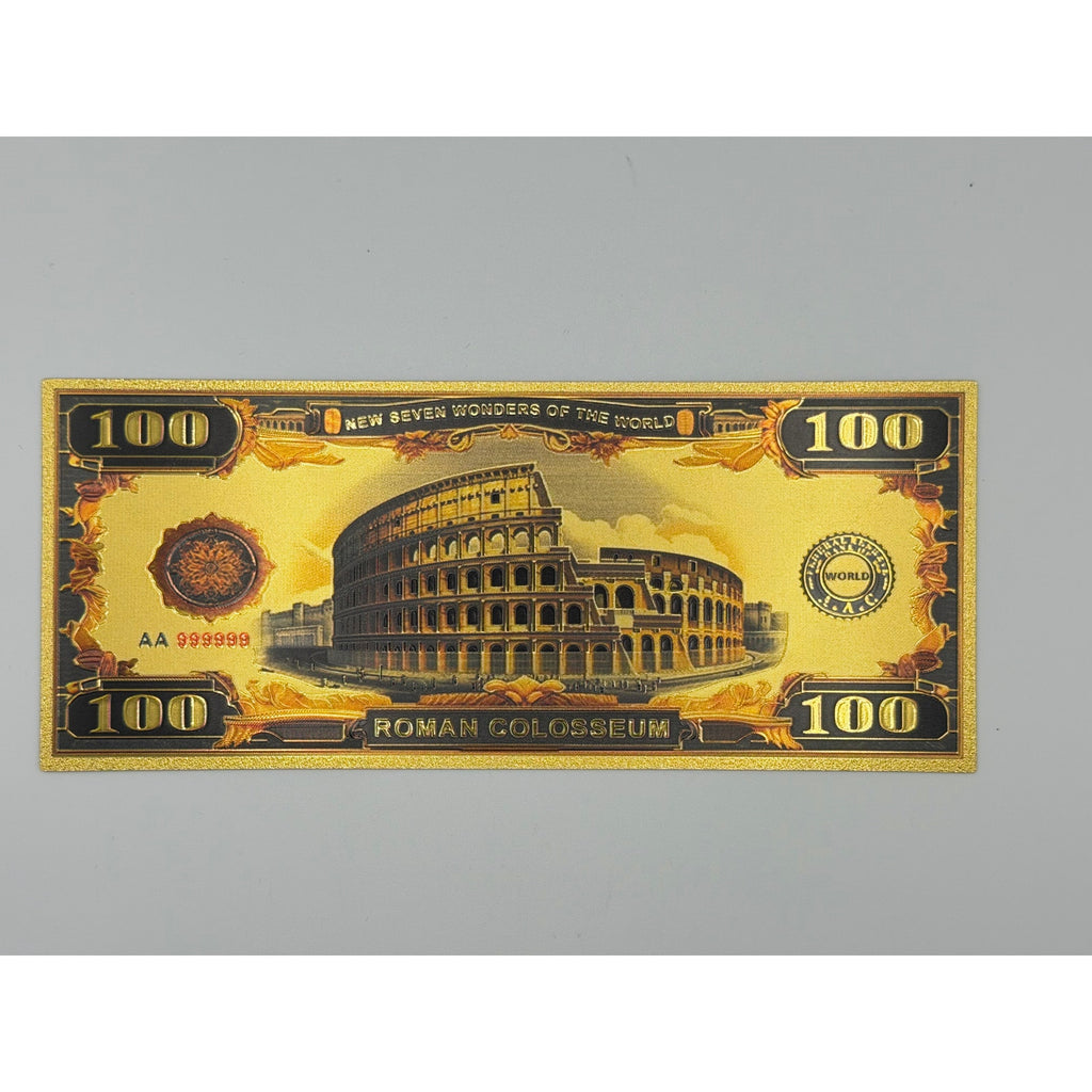 Set of 7 gold foiled novelty notes featuring the 7 Wonders of the World, by Republic Mercantile, displayed on a white background.
