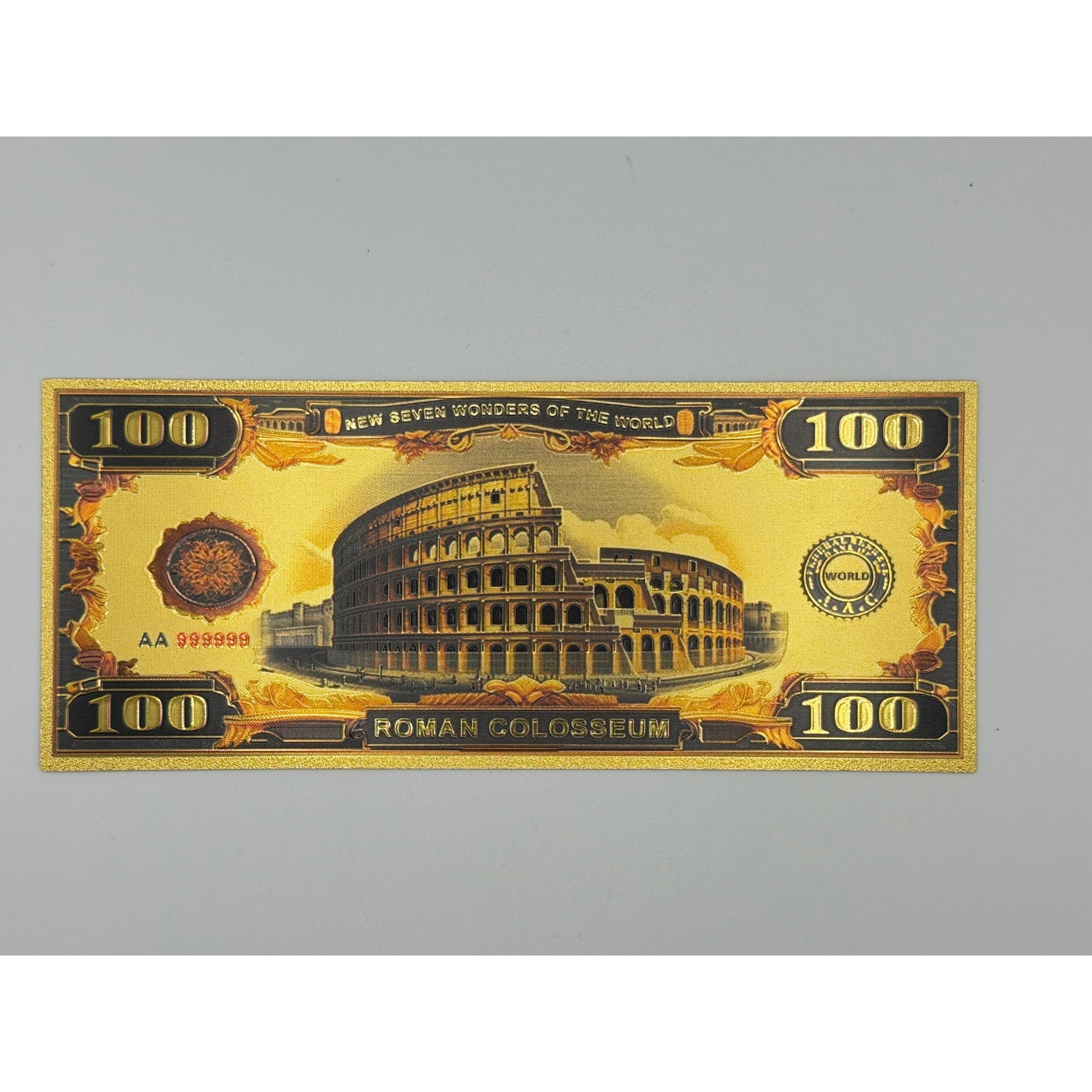 Set of 7 gold foiled novelty notes featuring the 7 Wonders of the World, by Republic Mercantile, displayed on a white background.