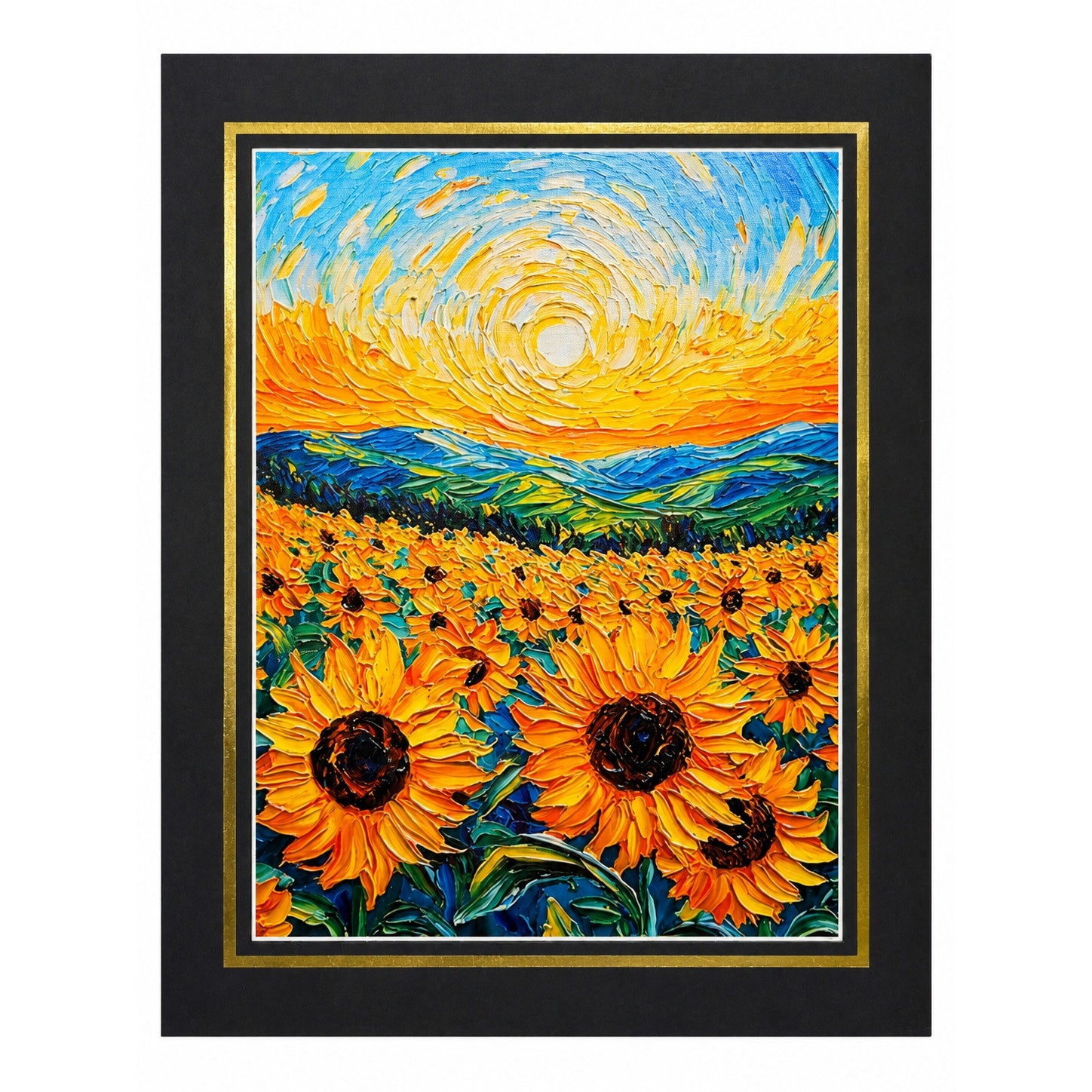 Sunflower field art print on canvas, 12x16 inches with a 16x20 mat, by Republic Mercantile featuring vibrant sunflower illustrations.