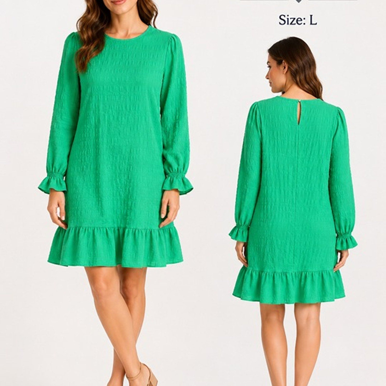 Cuteduck Women's Textured Ruffle Hem Shift Dress Green - Long Sleeve Size: L