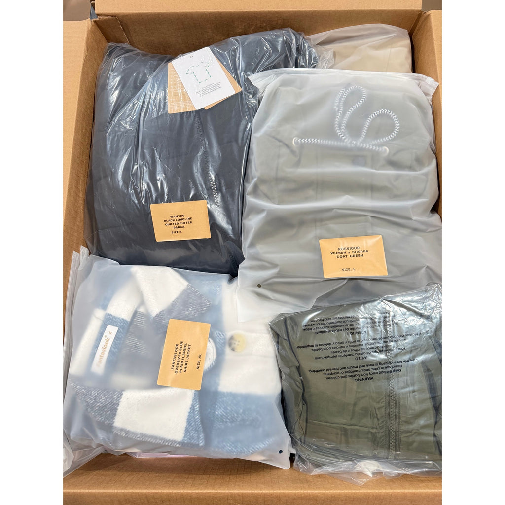 17-piece wholesale box of new jackets and coats from Republic Mercantile, featuring a mix of styles and colors, 24lbs.