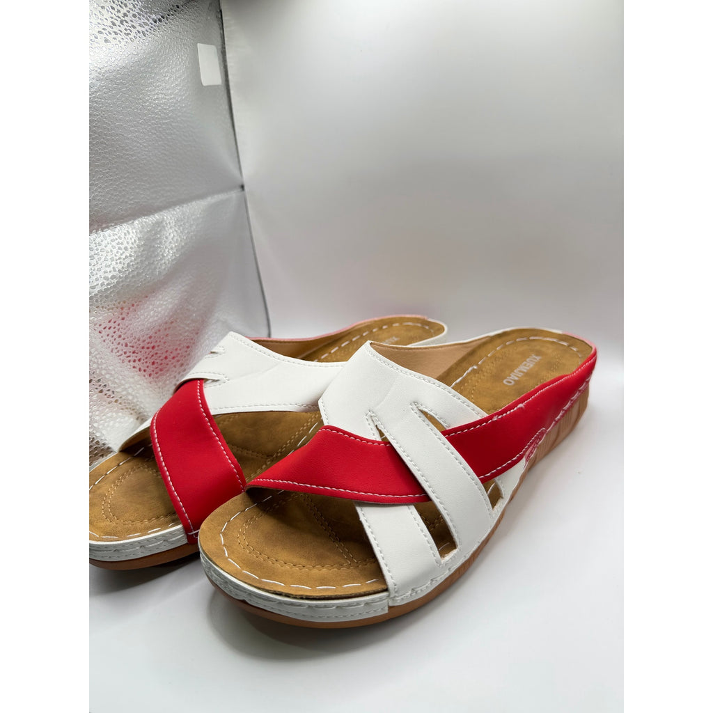 Xuemjiao red and white comfort slide sandals in size 11 with cushioned straps and slip-on design, casual footwear for everyday wear.