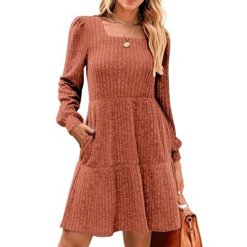 Fantaslook women's fall dress, square neck, long sleeves, casual babydoll style, size small, in a stylish and comfortable design.