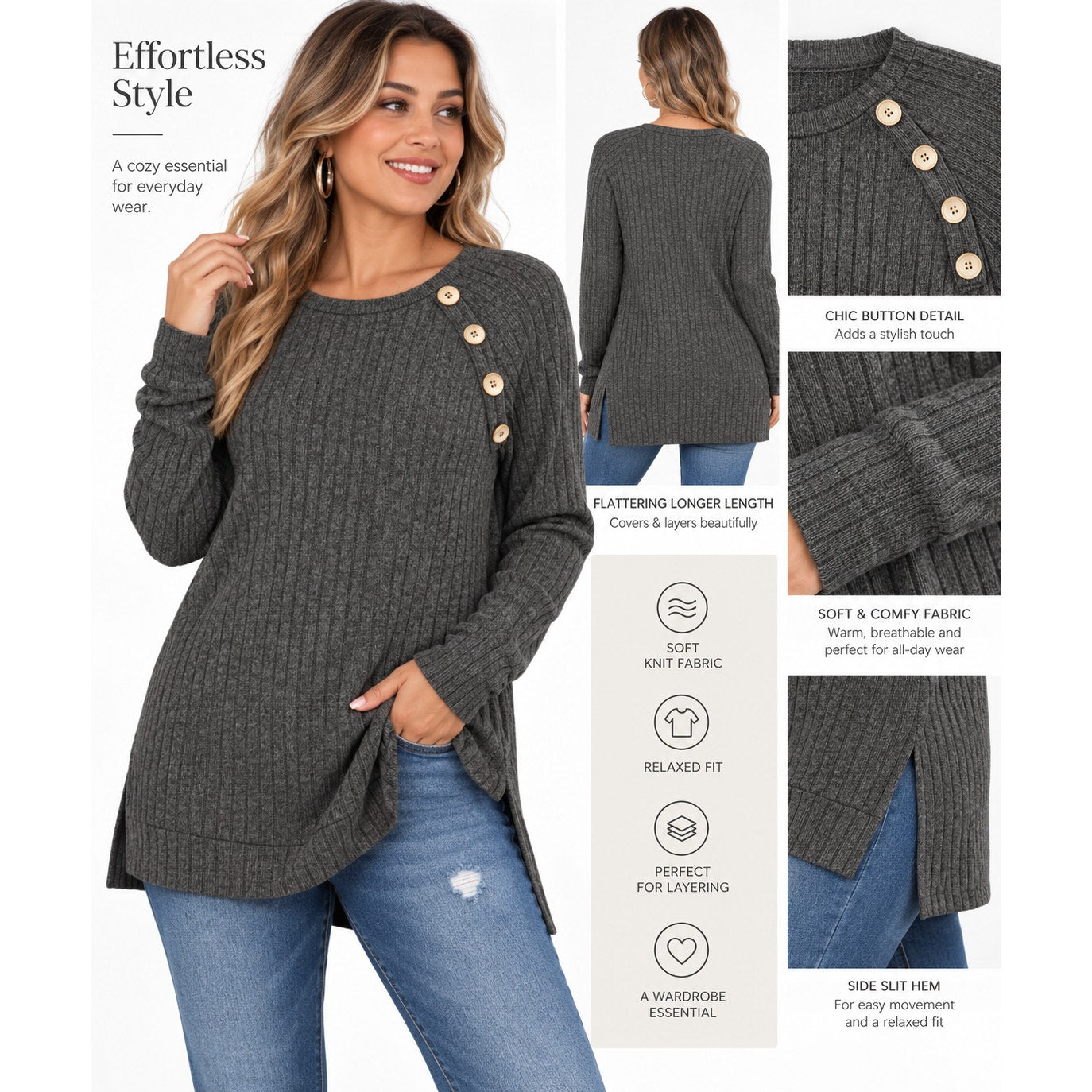 OALUXE women's long sleeve sweater shirt casual tunic top in gray, size XXL, featuring a soft knit fabric and relaxed fit.