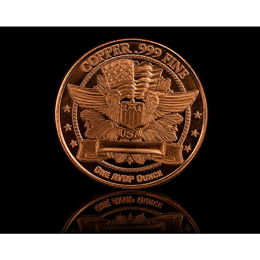 Close-up of a 1 oz .999 fine copper collectible coin featuring the Liberty Head design by Republic Mercantile.