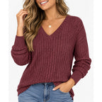 Shine UP women's V-neck long sleeve lightweight pullover sweater in size M, soft fabric, casual style, shown on a model.