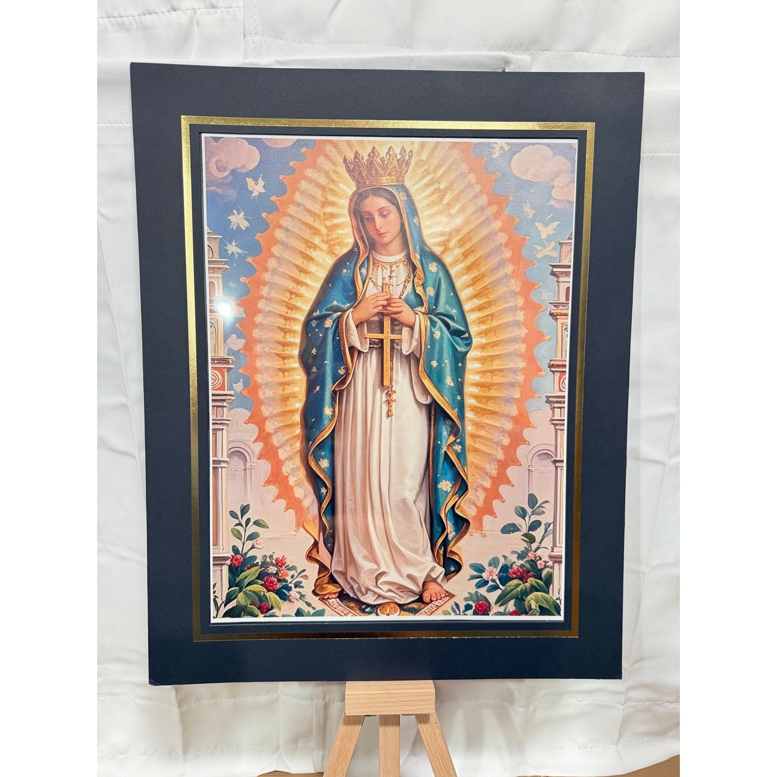 12x16 inch canvas art print of Virgin Guadalupe with 16x20 mat, featuring detailed religious artwork by Republic Mercantile.