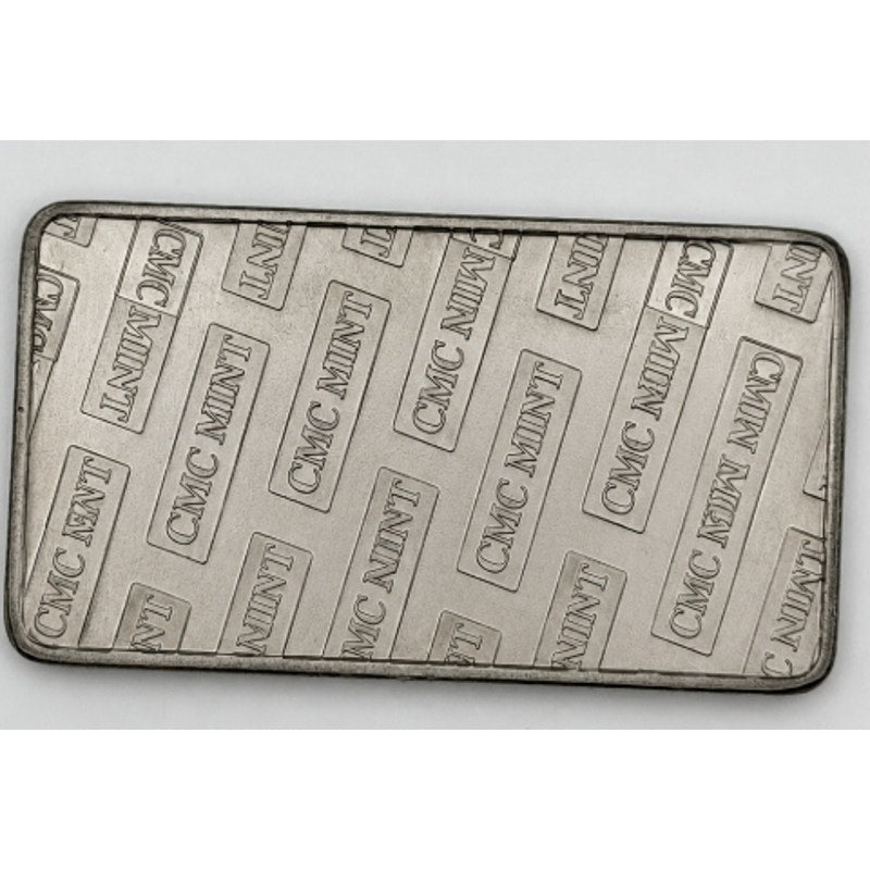 1 Troy oz .999 Nickel collectible bar from CMC Mint, featuring detailed design and branding on the shiny metal surface.