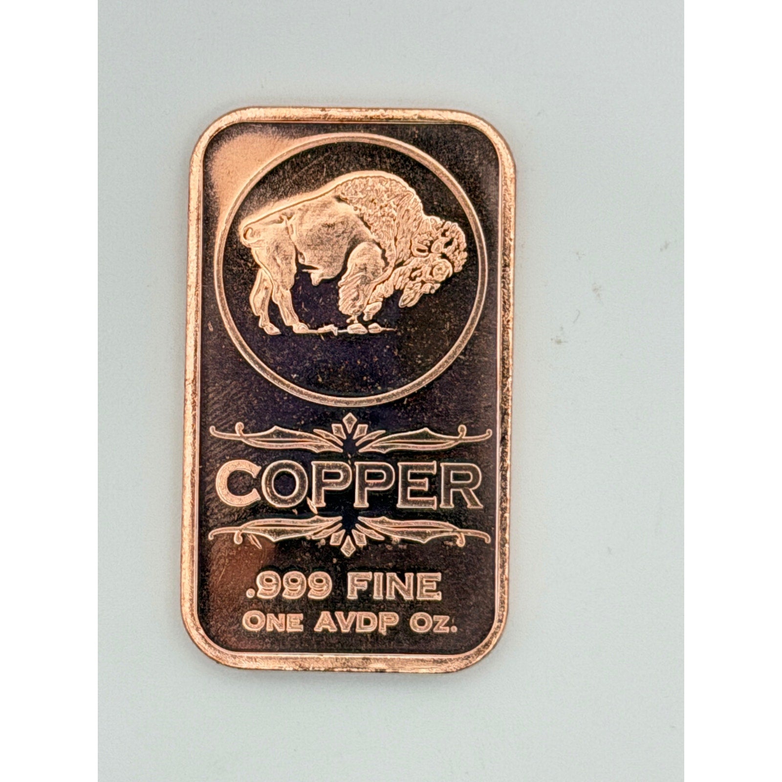 Republic Mercantile 1 oz .999 fine copper Buffalo collectible bar made in USA, featuring detailed buffalo design.