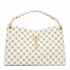 Sandglass Women's casual shoulder tote bag in white with gold accents, featuring a spacious design and comfortable shoulder straps.