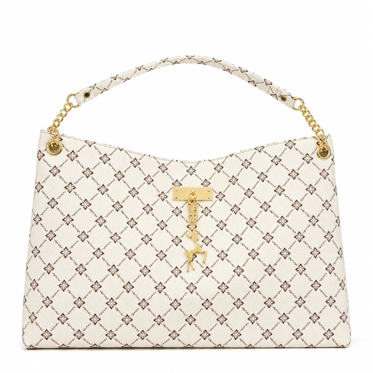Sandglass Women's casual shoulder tote bag in white with gold accents, featuring a spacious design and comfortable shoulder straps.