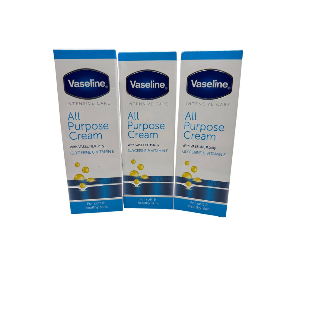 Three tubes of Vaseline Intensive Care All Purpose Cream, moisturizing skin care in 3-pack, with white and blue packaging.