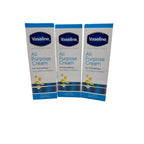 Three tubes of Vaseline Intensive Care All Purpose Cream, moisturizing skin care in 3-pack, with white and blue packaging.