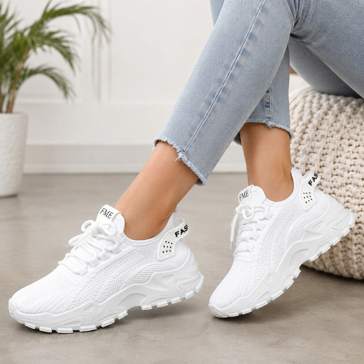 FME women's white cushioned lace-up sneakers, size 6, Euro 36, with a comfortable design and clean athletic style.