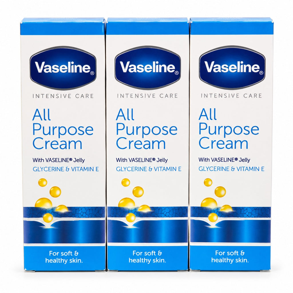 Three tubes of Vaseline Intensive Care All Purpose Cream, moisturizing skin care product in a 3-pack set.